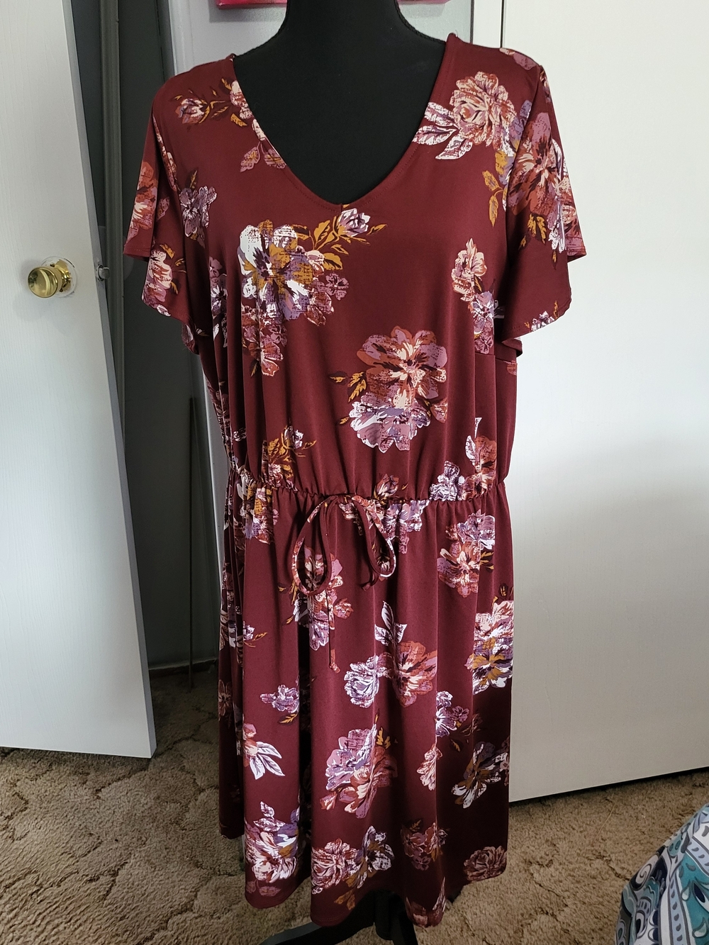 Maurices Burgundy Floral V-Neck Midi Dress